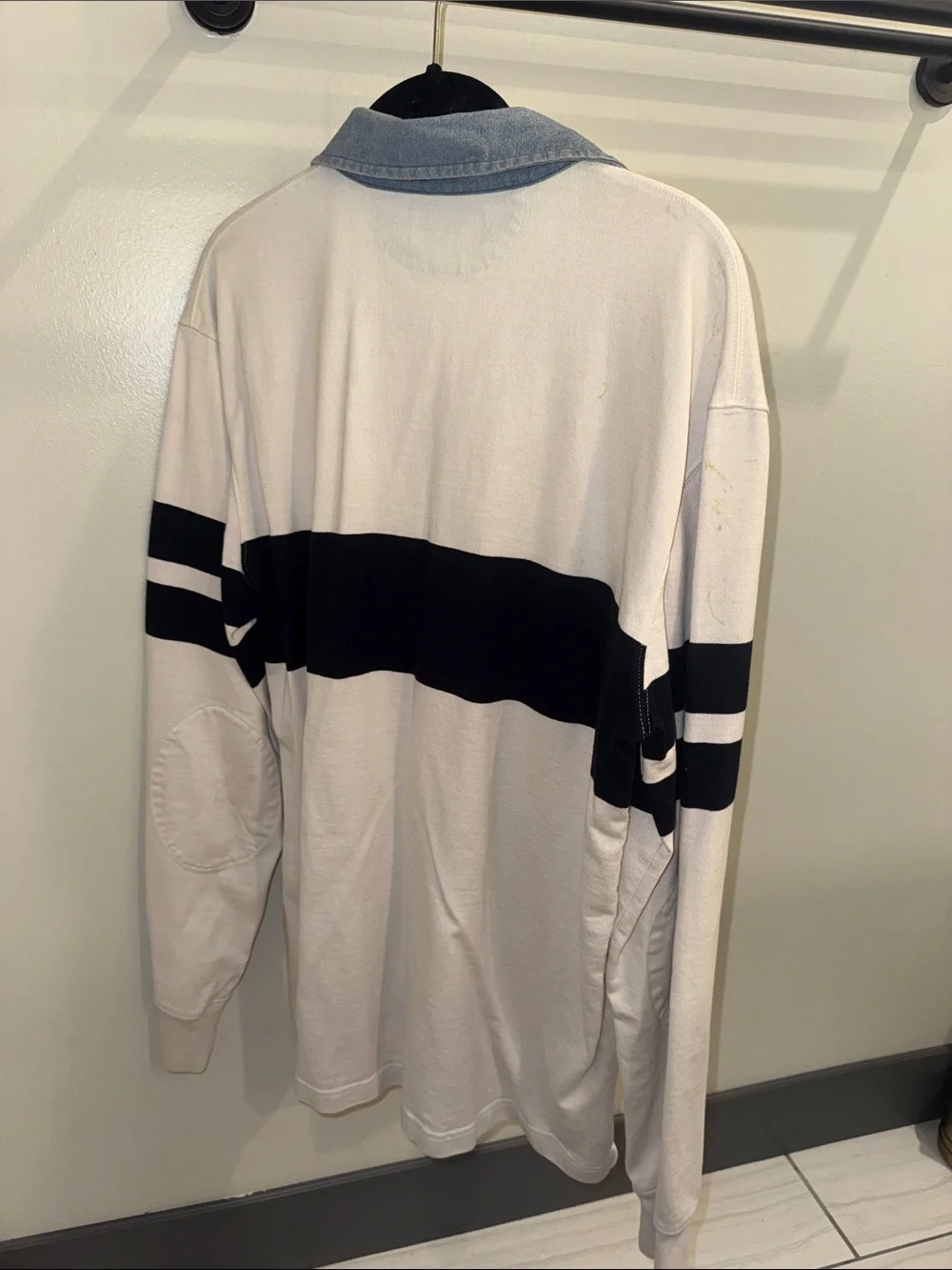 Vintage J. Crew Long-Sleeve Rugby Shirt Navy Stripe and Chambray Collar